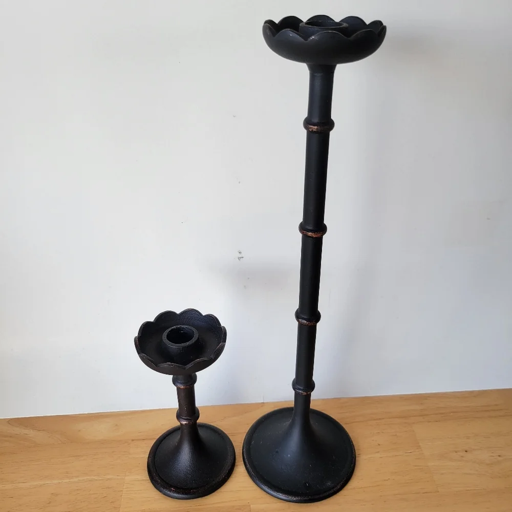Crate And Barrel Elegant Black Candle Holder Set Of 2 Large And Small